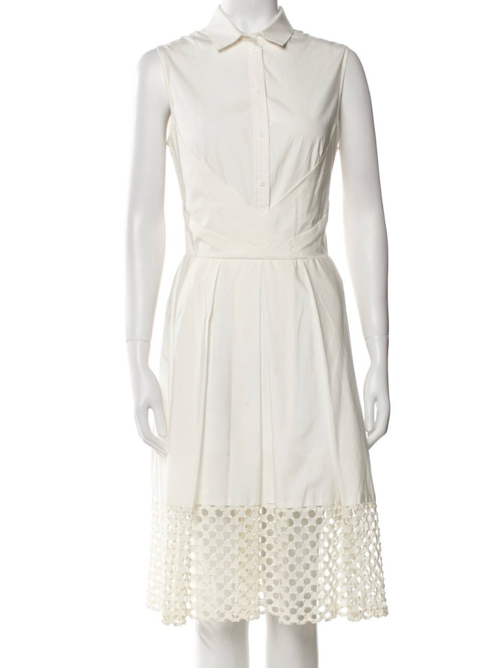 Lela Rose Cream Sleeveless Collared Midi Dress with Eyelet Panel